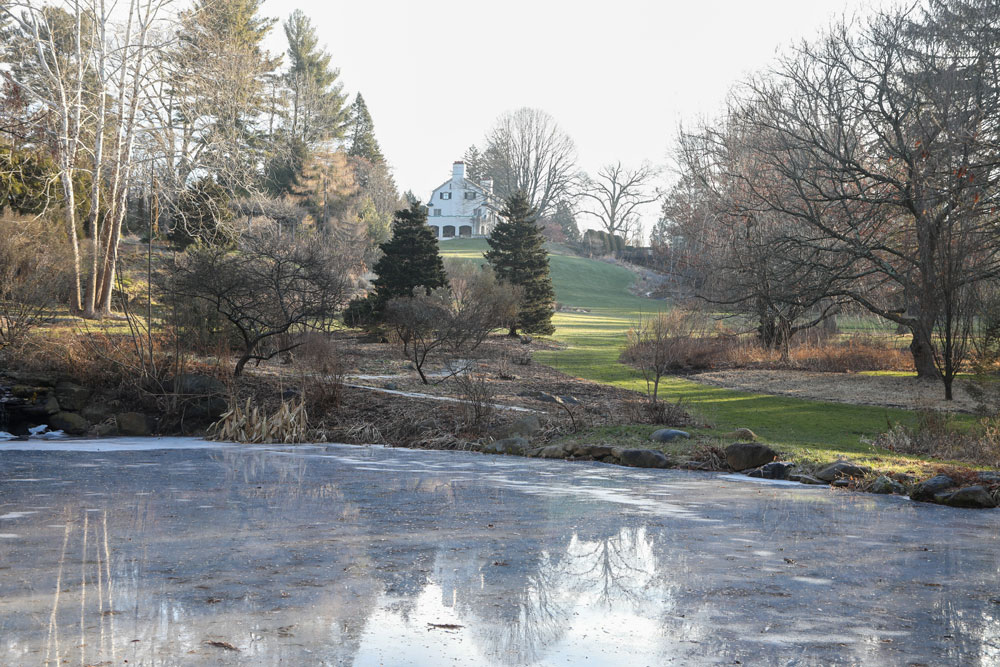 The architecture of deciduous trees frames a view from the icy pond in the Pond Garden toward Chanticleer House.LR